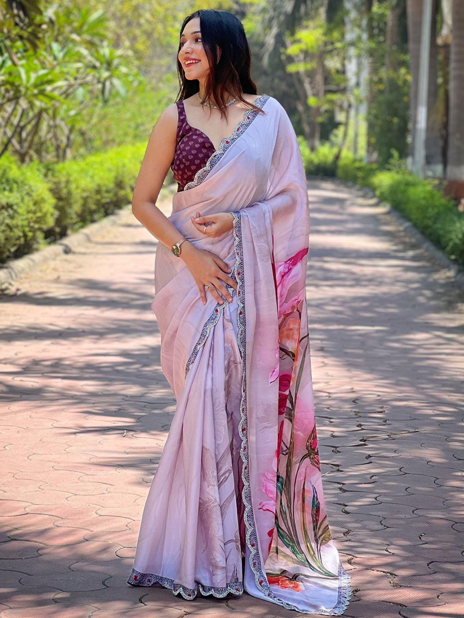 grey colour satin georgette flower print saree with unstitched blouse