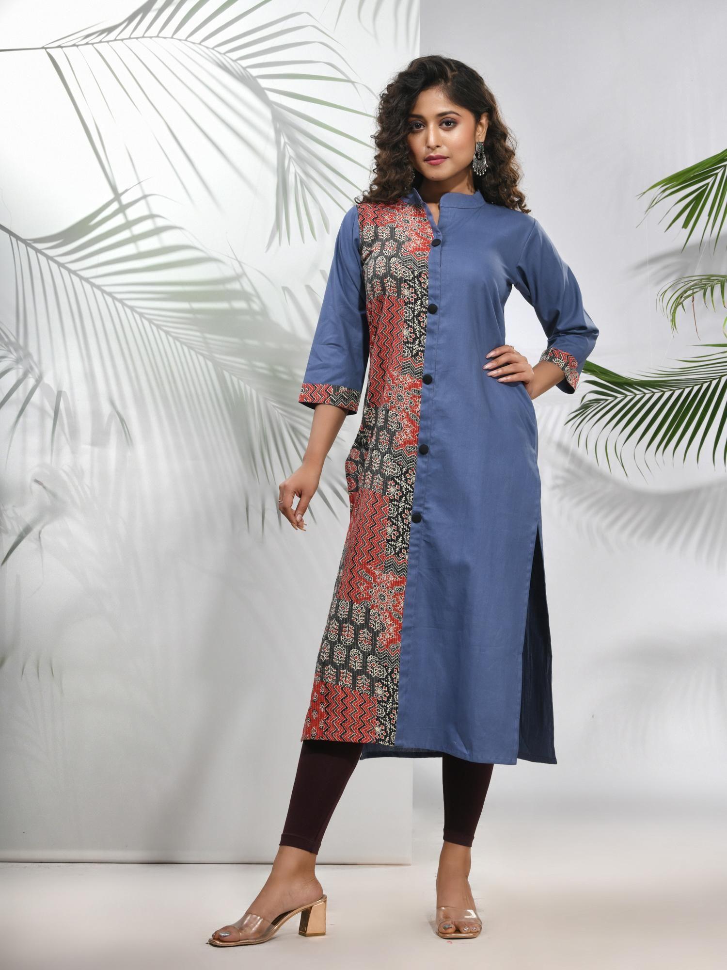 grey cotton ajrak printed straight kurta