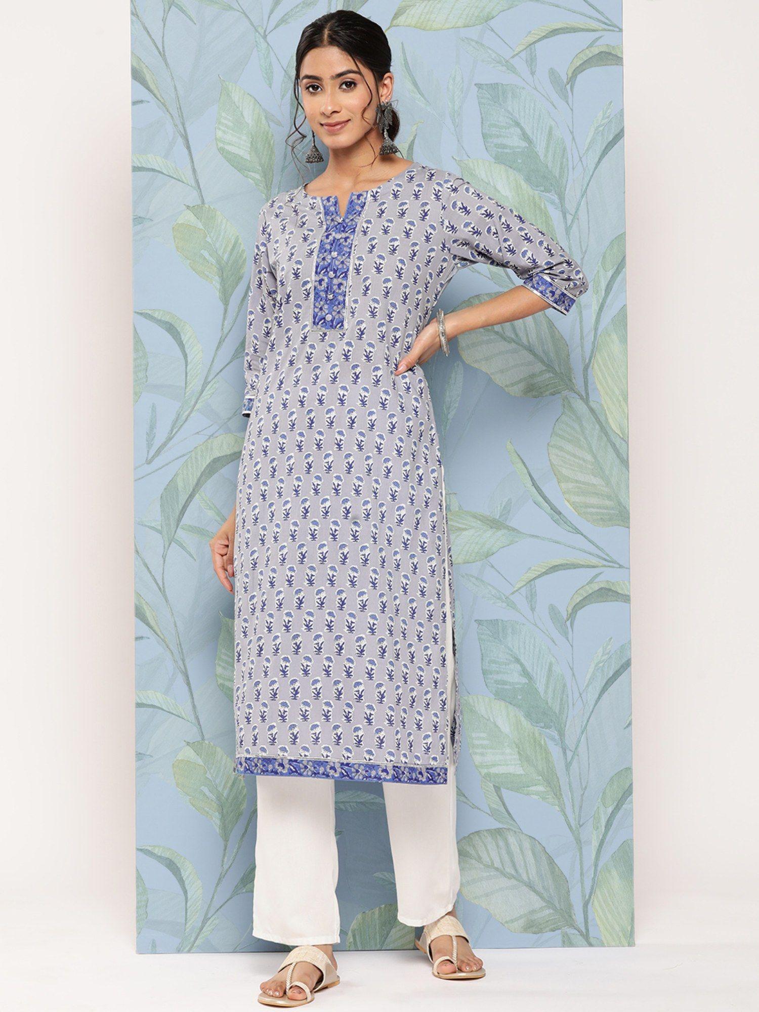 grey cotton all-over printed gota patti straight kurta