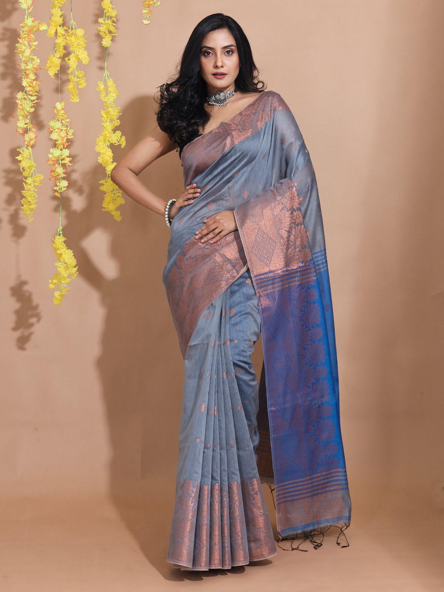 grey cotton blend handwoven zari motifs & floral borders saree with unstitched blouse