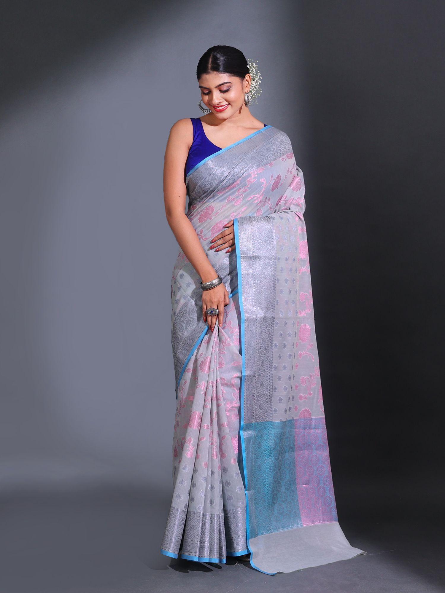 grey cotton blend handwoven zari nakshi pattern saree with unstitched blouse