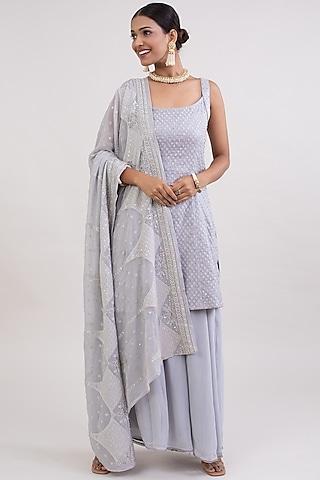 grey cotton chanderi boota embroidered kurta set