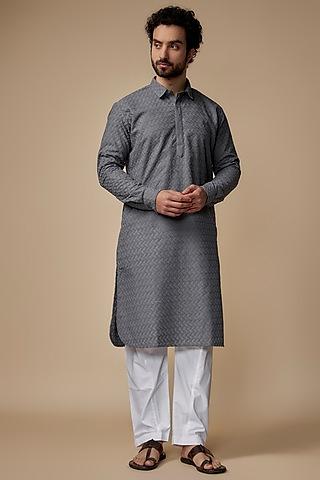 grey cotton chikankari embroidered pathani kurta set