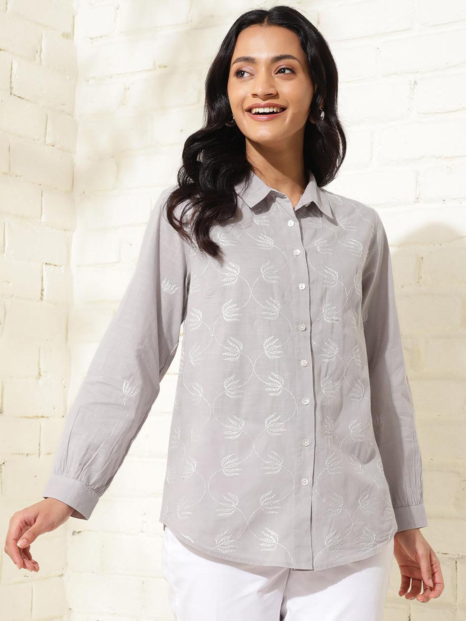 grey cotton chikankari embroidered shirt