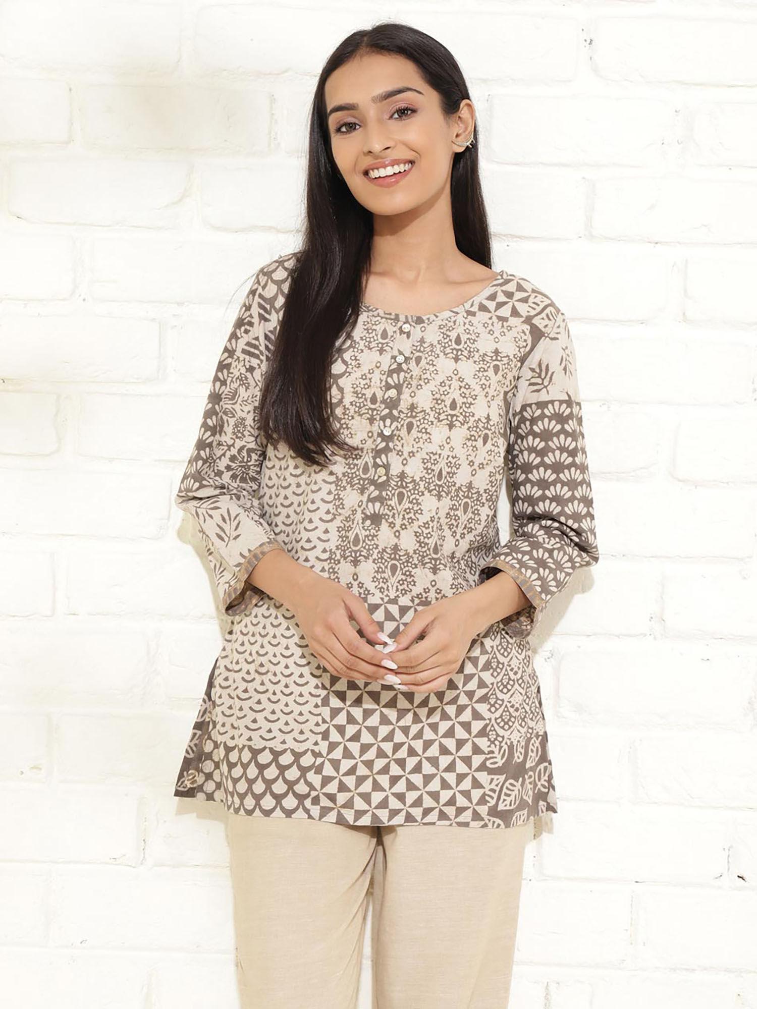 grey cotton dabu printed short kurta