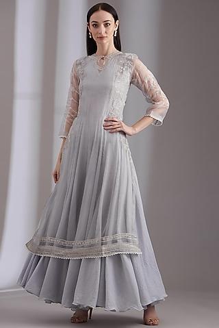 grey cotton dress with embroidered overlay