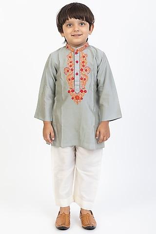 grey cotton embroidered kurta set for boys