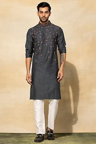 grey cotton embroidered kurta set