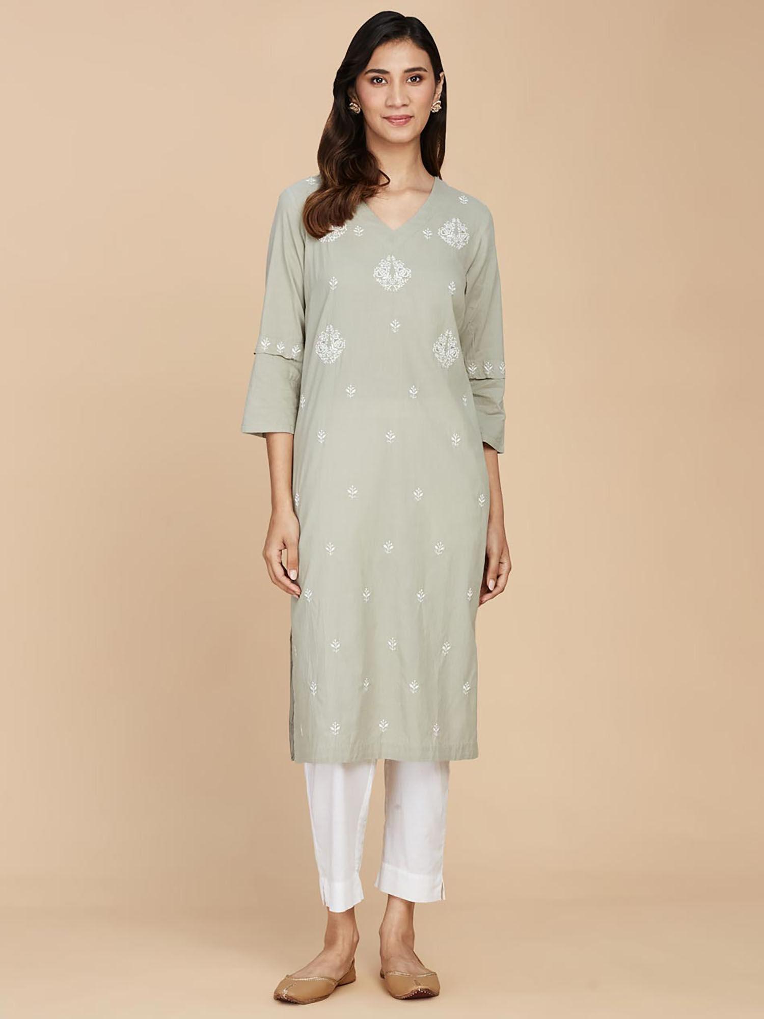 grey cotton embroidered long kurta