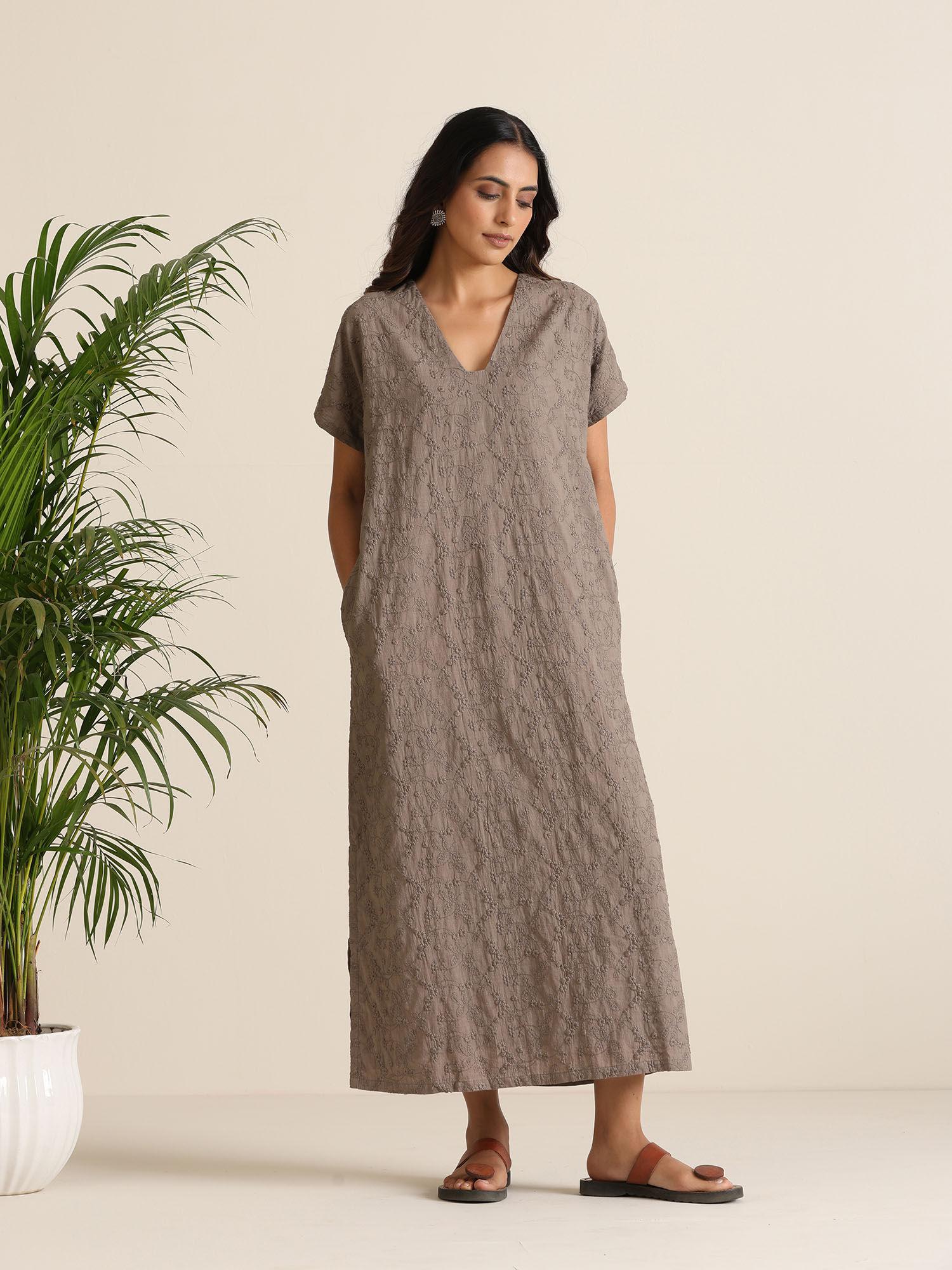 grey cotton embroidered relaxed maxi dress