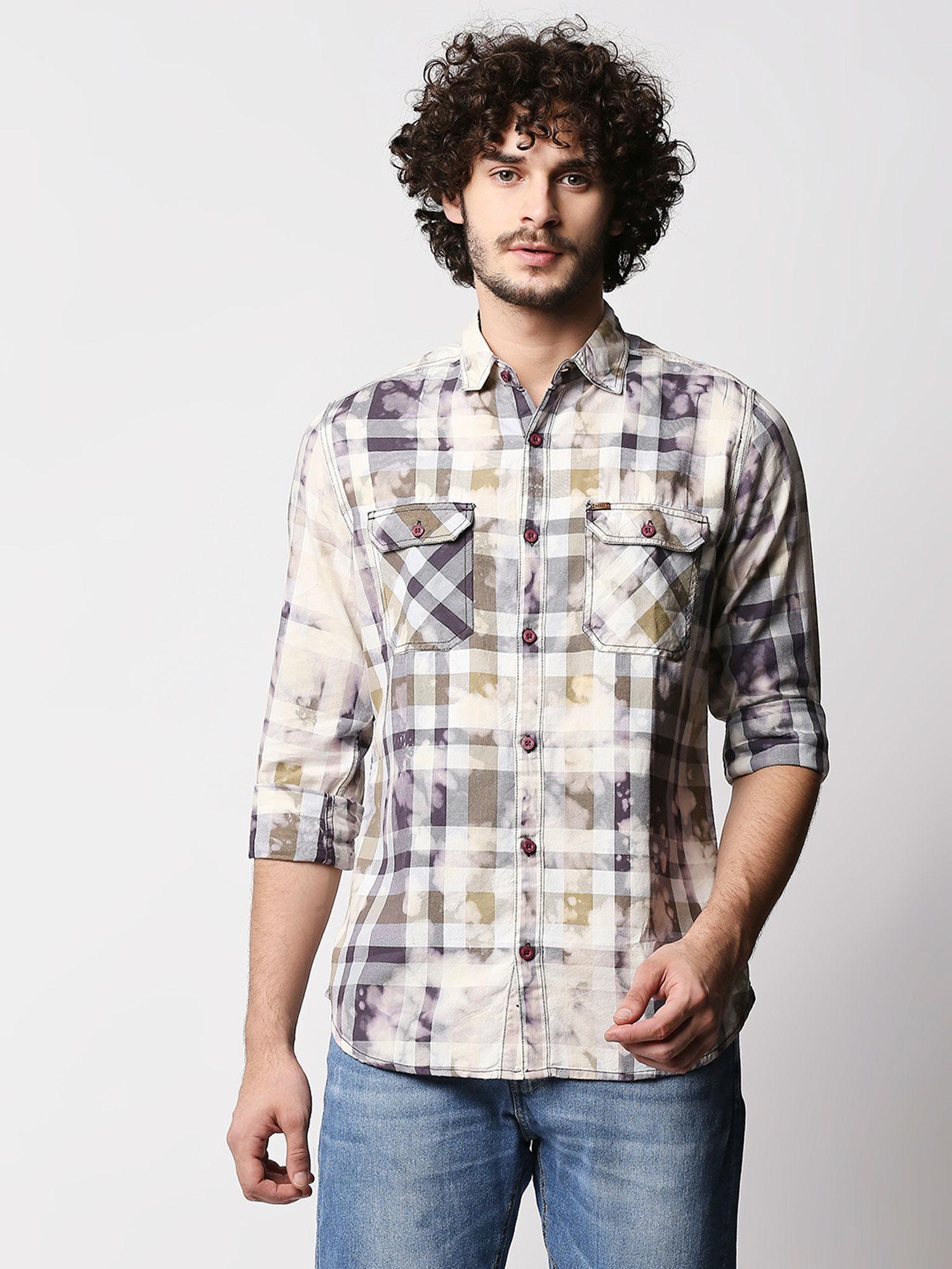 grey cotton fabric full sleeve checkered shirt for men 's