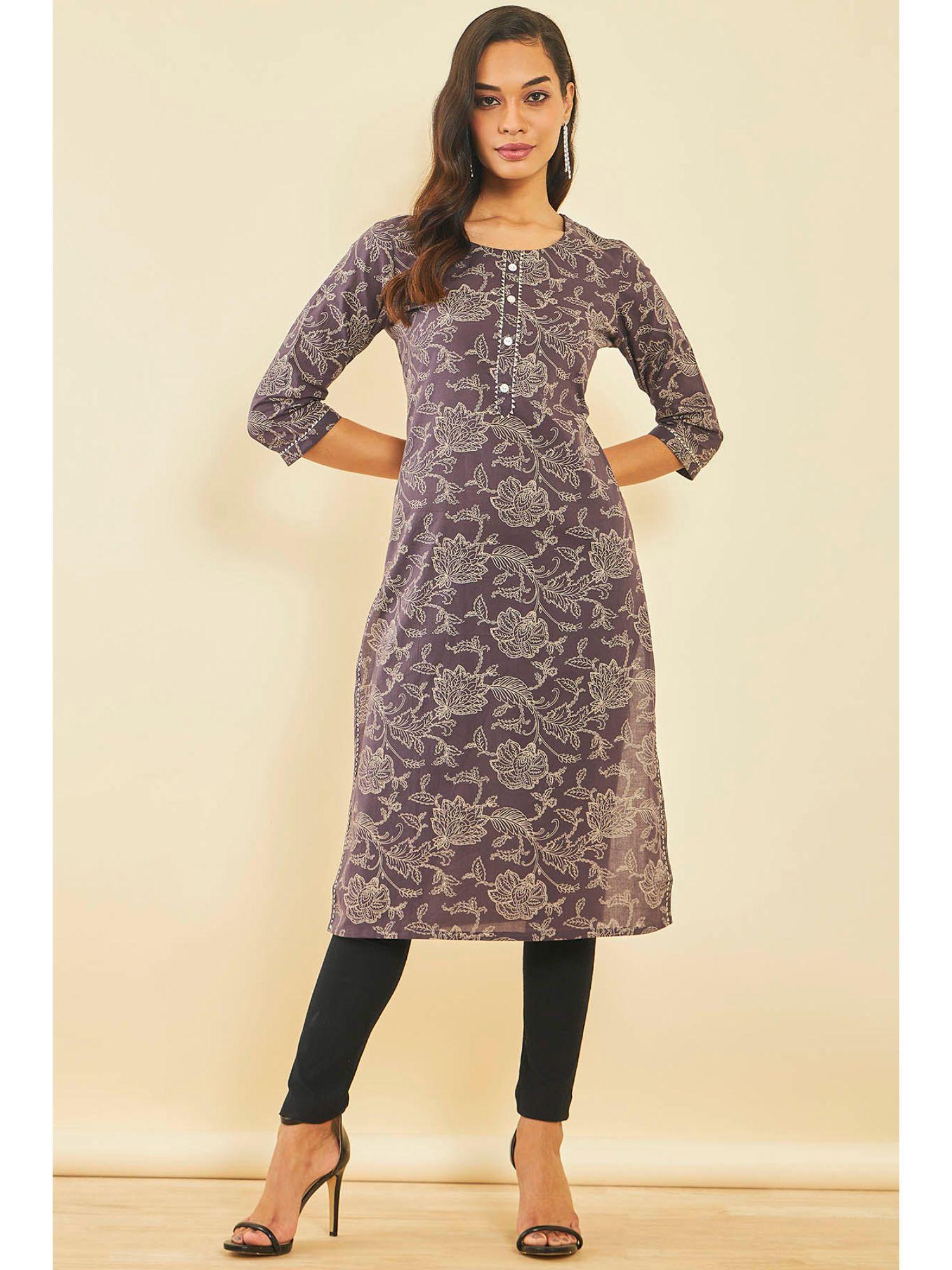 grey cotton floral print kurta