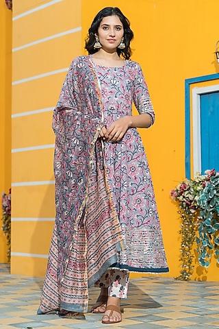 grey cotton floral printed kurta set