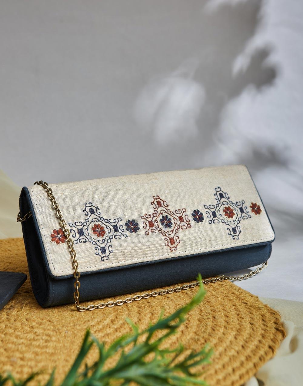 grey cotton hand embroidered clutch