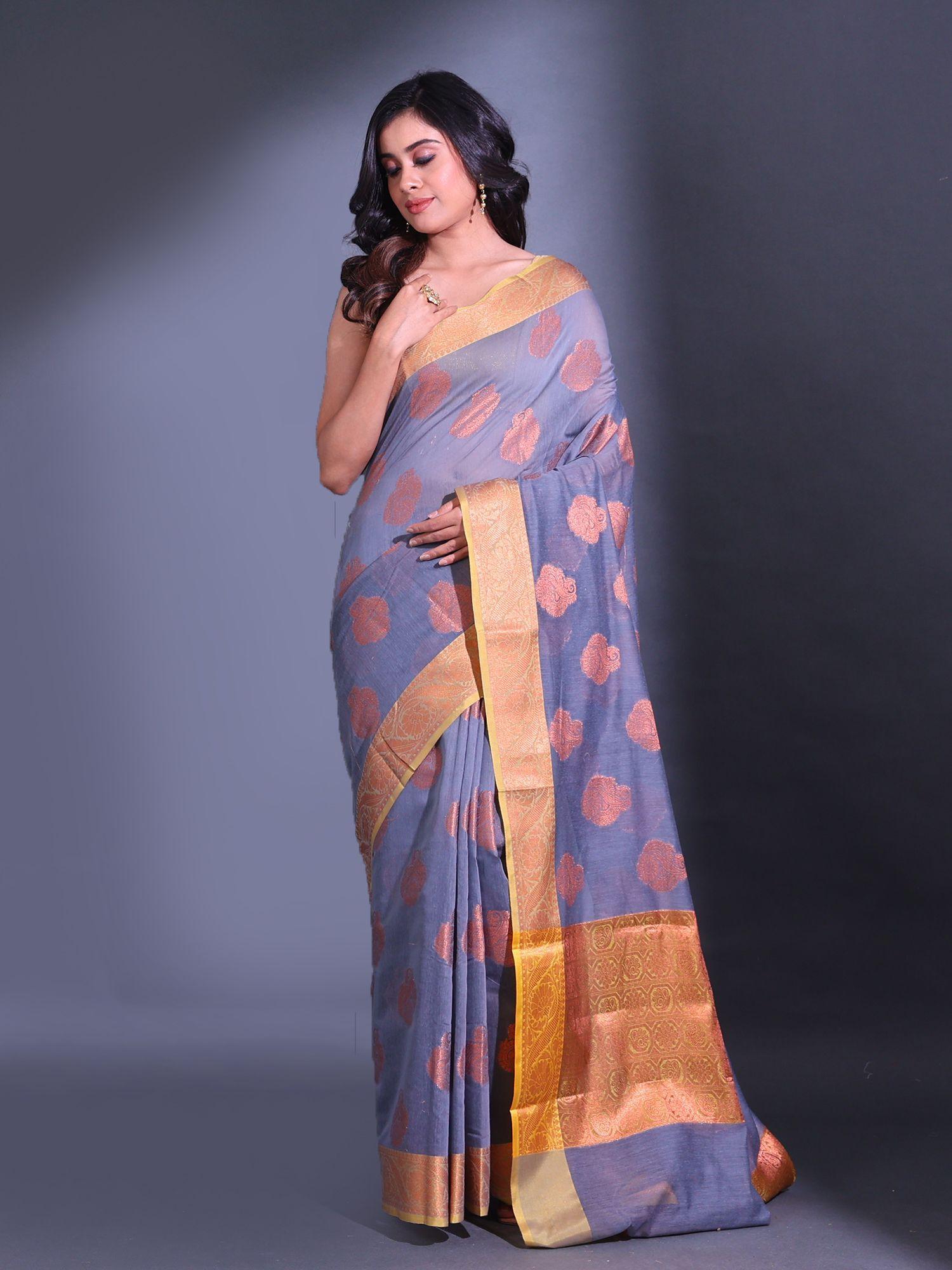 grey cotton handwoven nakshi pattern and floral border saree with unstitched blouse