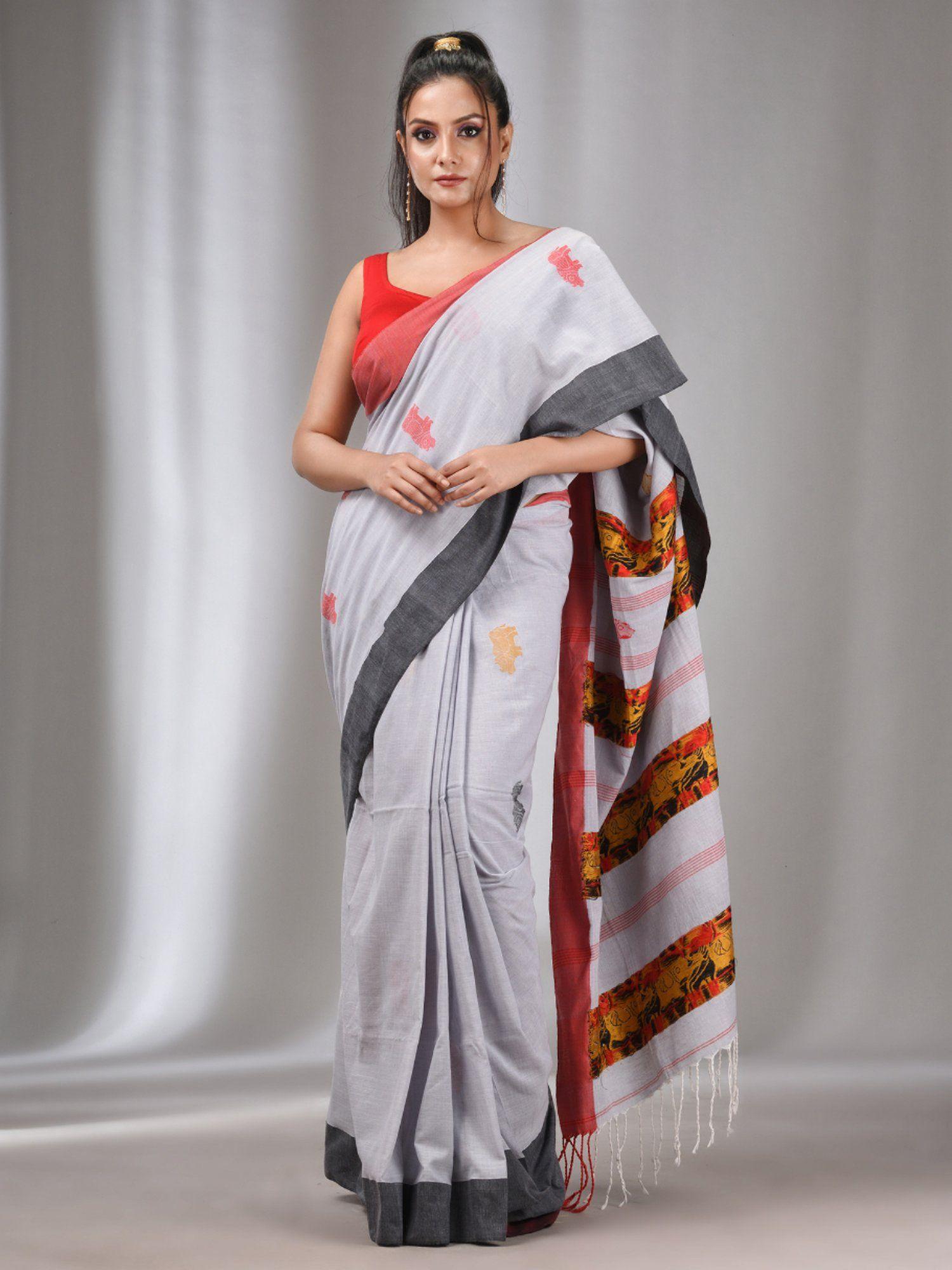 grey cotton handwoven soft saree with animal motifs with unstitched blouse