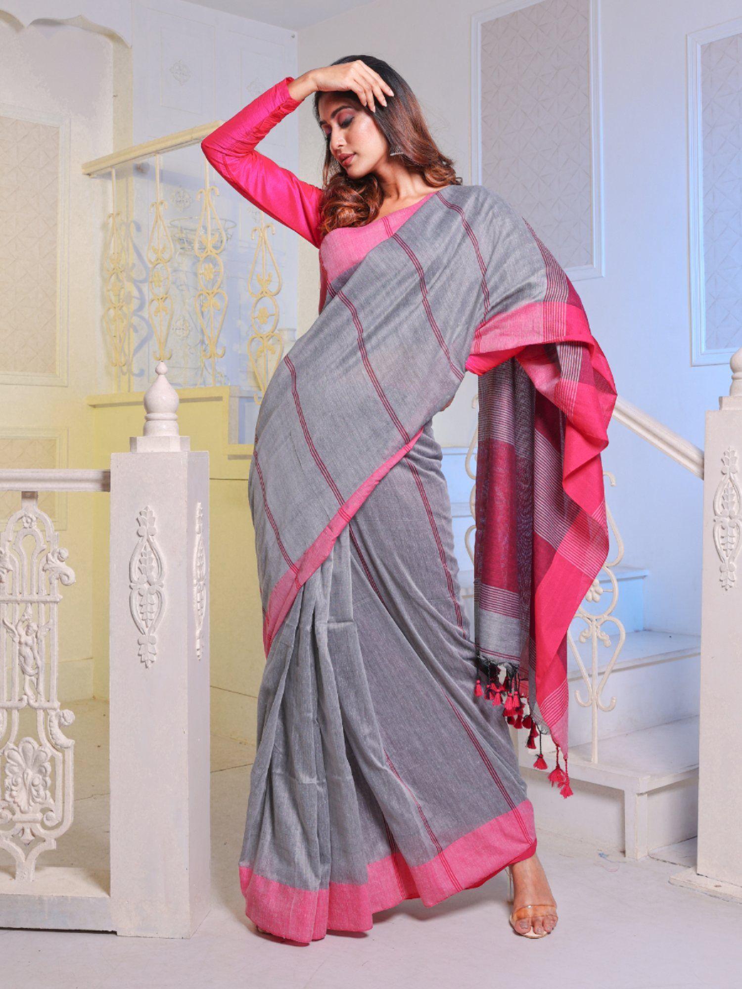 grey cotton handwoven soft saree with unstitched blouse