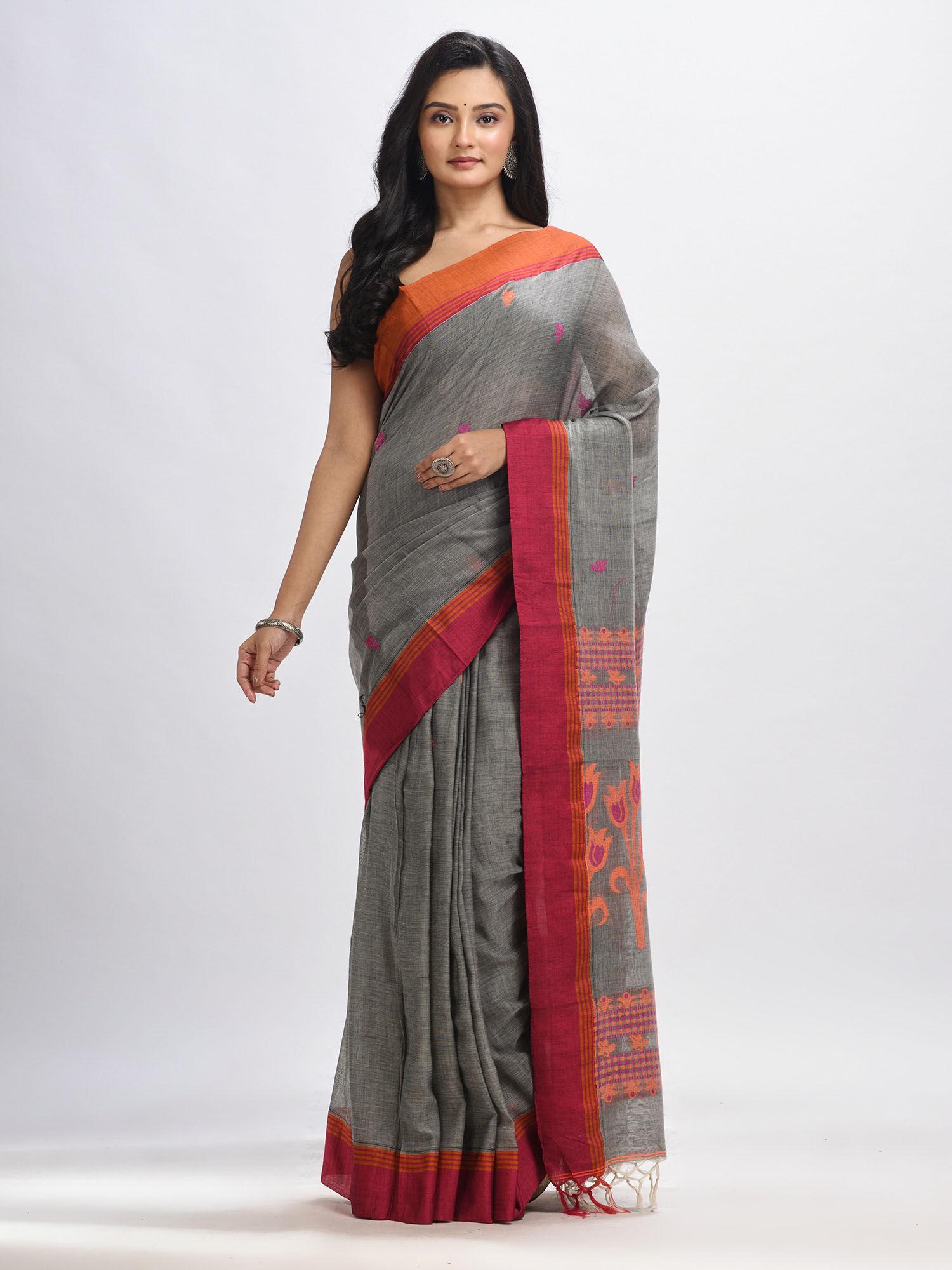 grey cotton jacquard jamdani floral woven saree with unstitched blouse