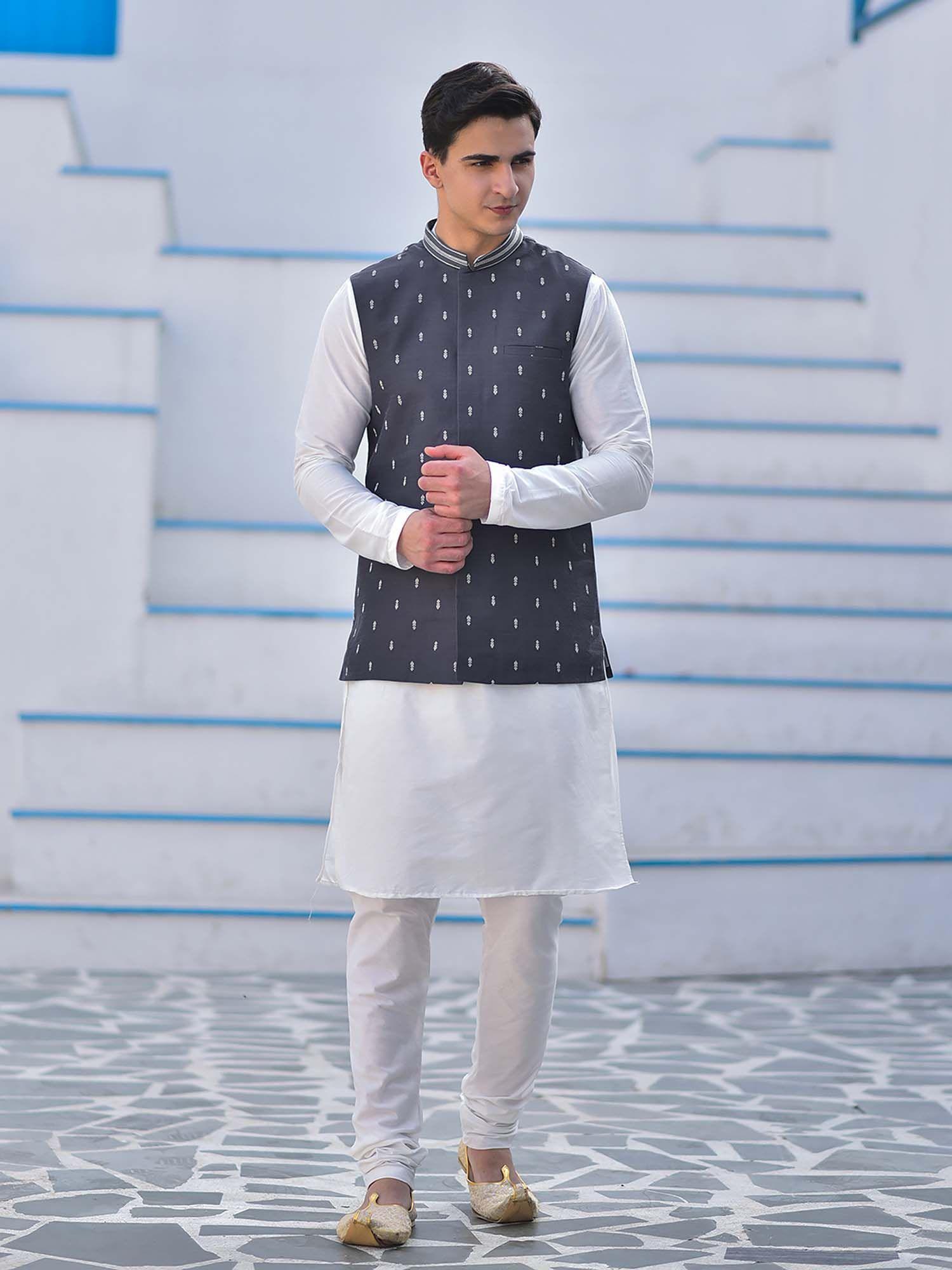 grey cotton jacquard woven nehru jacket with kurta & churidar for men (set of 3)