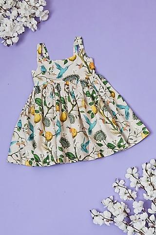 grey cotton linen floral leaf printed dress for girls