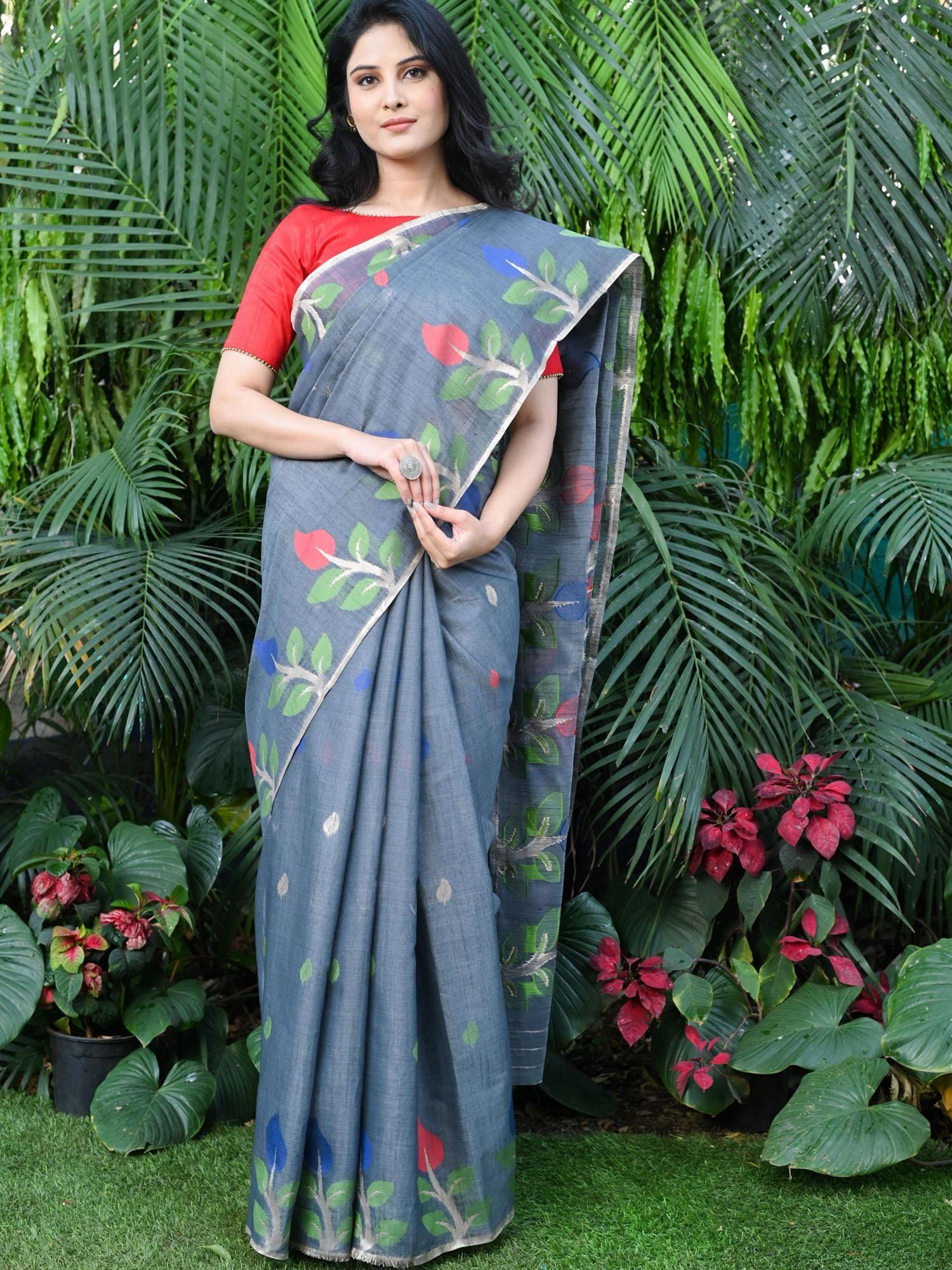 grey cotton linen woven saree with unstitched blouse