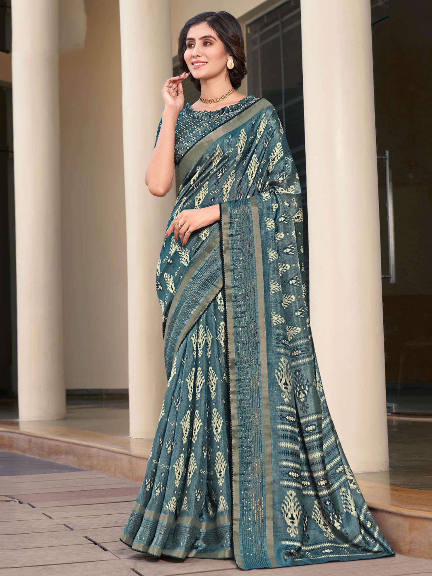 grey cotton paisley zari bordered printed saree with unstitched blouse