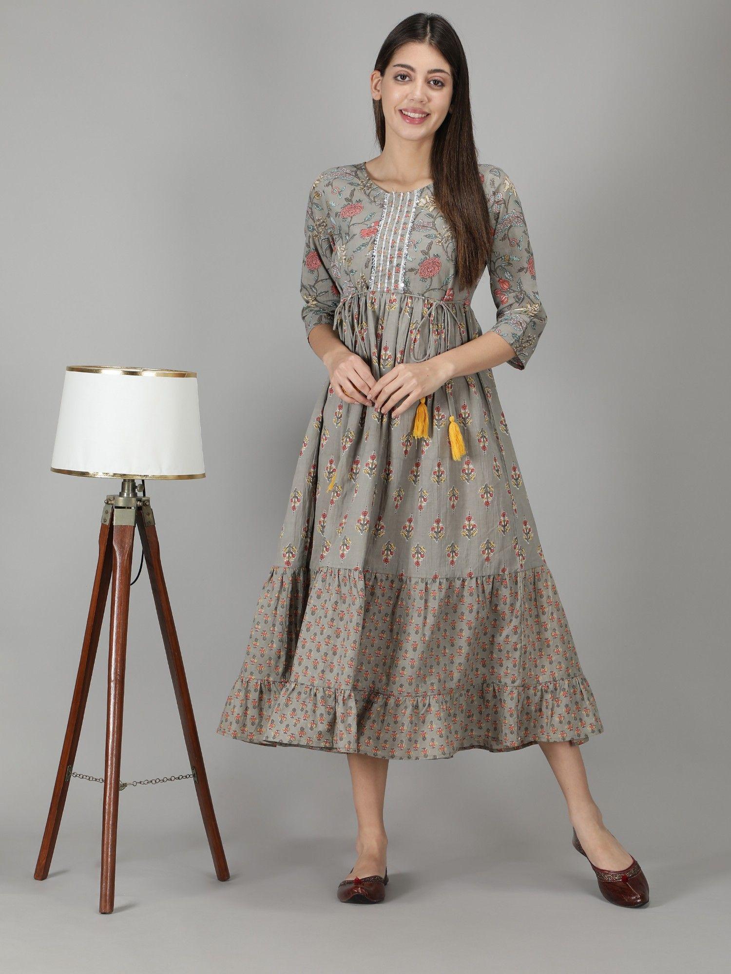 grey cotton printed flared long dress