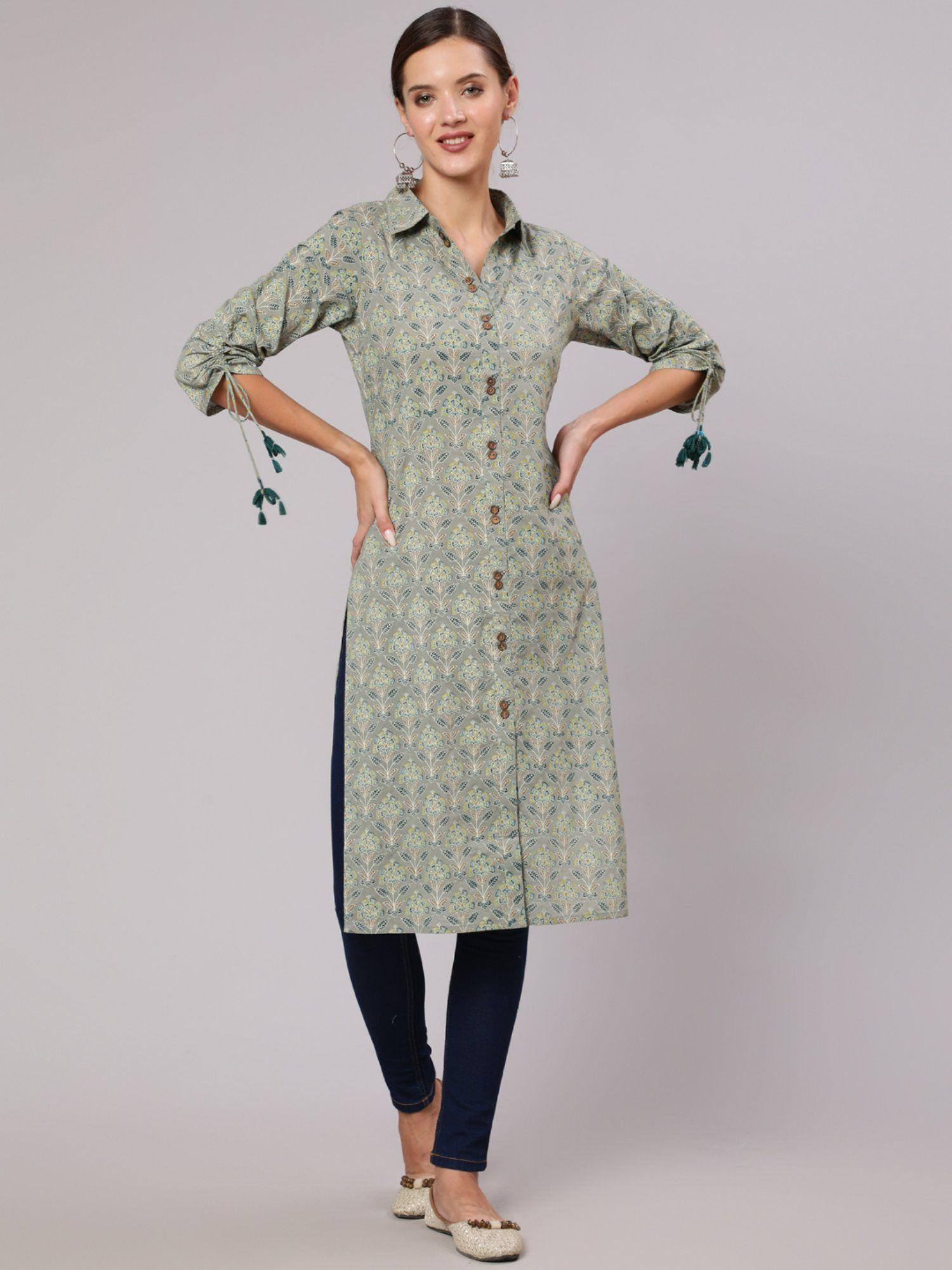 grey cotton printed shirt style kurta with tasselled three-fourth sleeves