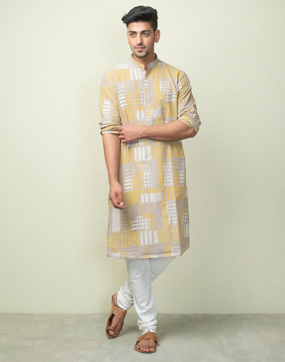 grey cotton printed slim fit long kurta