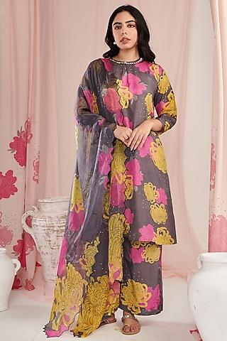 grey cotton silk digital printed & hand embellished kurta set