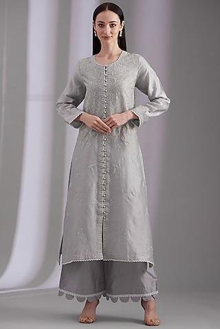 grey cotton silk embroidered kurta set