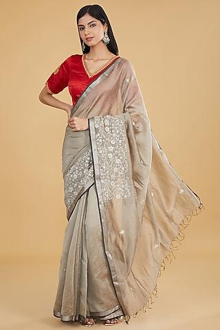 grey cotton silk floral embroidered saree set