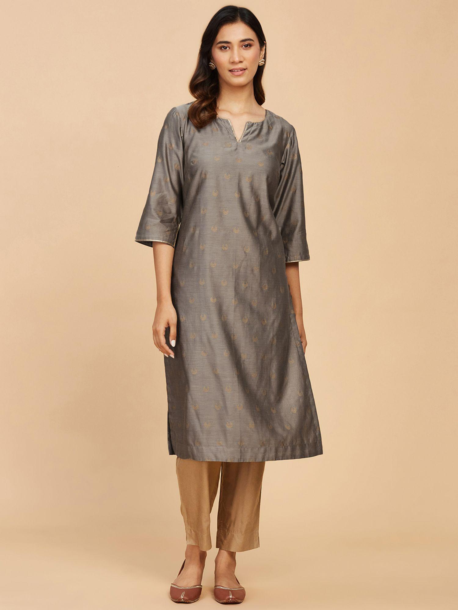 grey cotton silk hand block printed long kurta