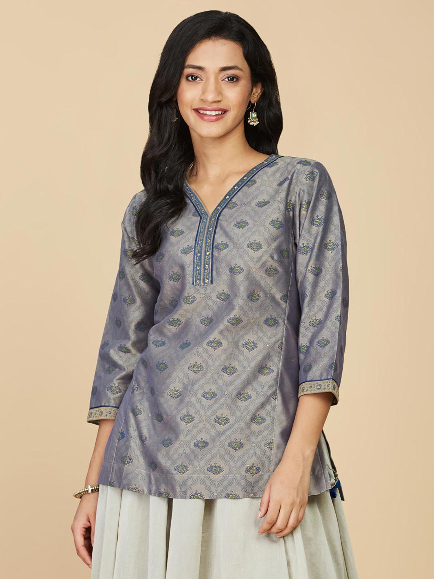 grey cotton silk hand block printed short kurta