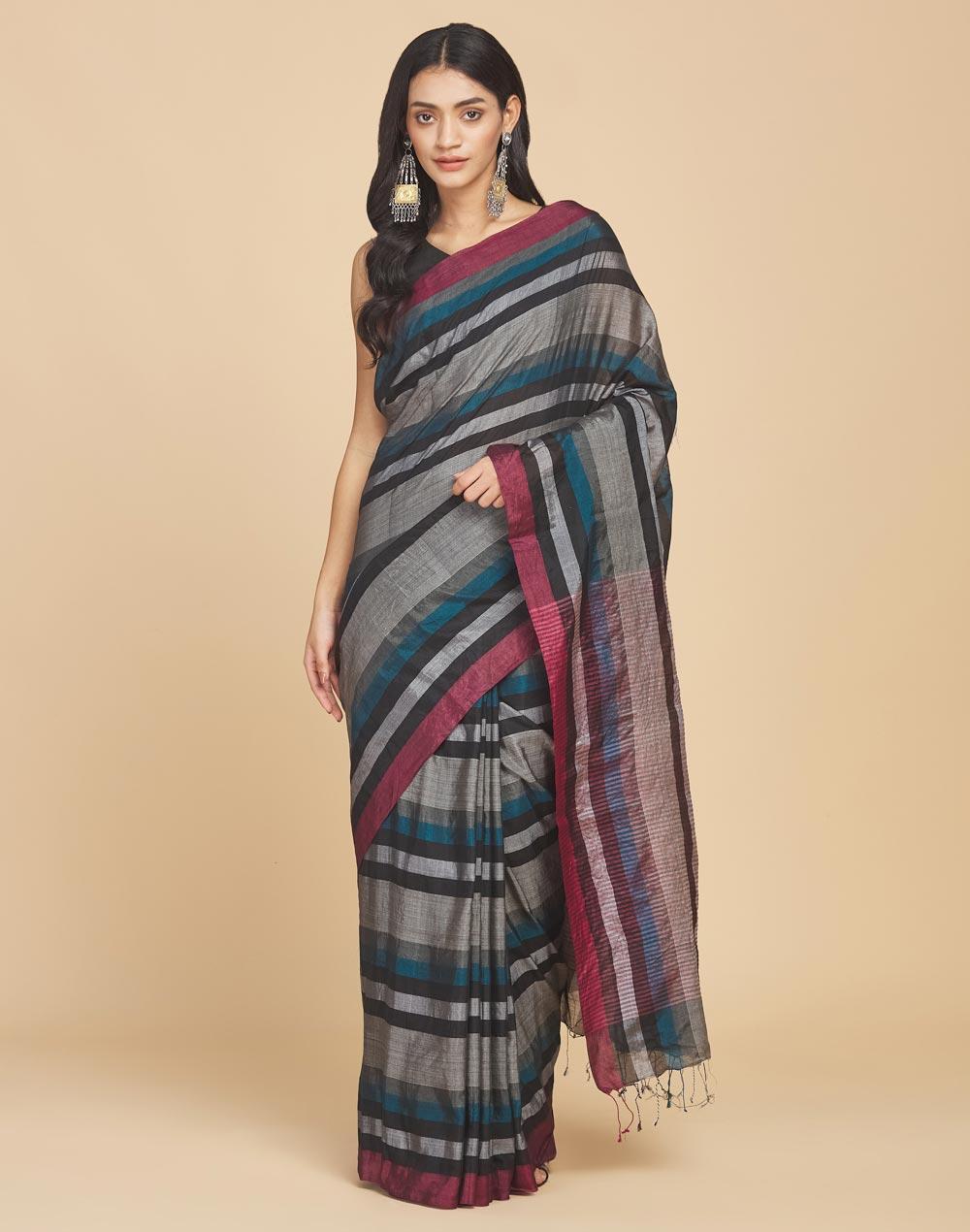 grey cotton silk hand woven sari