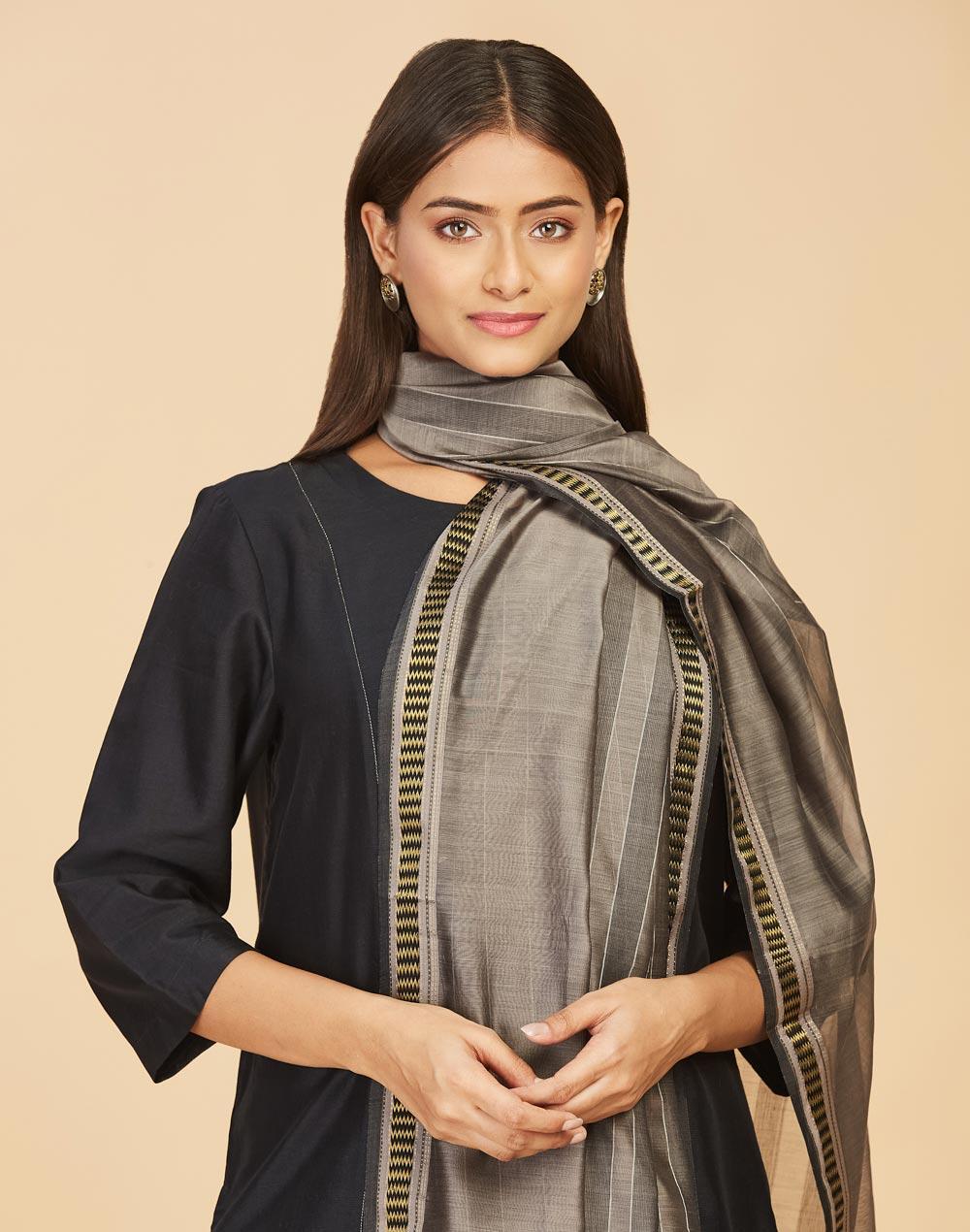 grey cotton silk maheshwari woven dupatta
