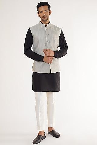 grey cotton silk printed nehru jacket