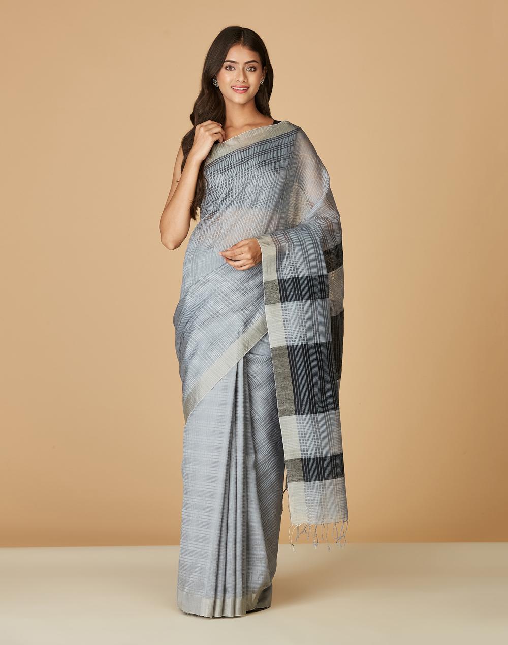 grey cotton silk striped sari