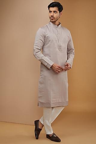 grey cotton silk thread embroidered kurta set