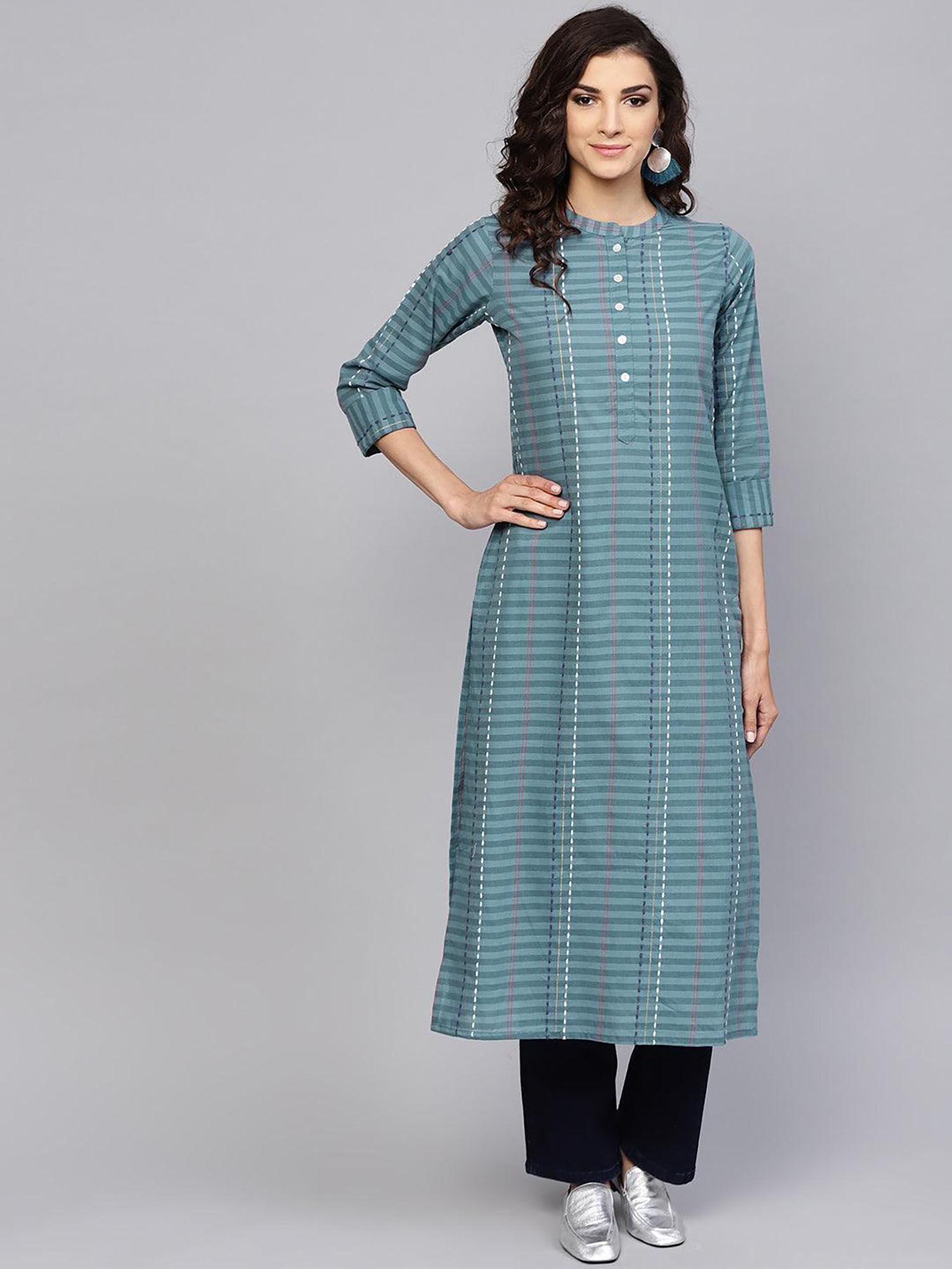 grey cotton straight striped kurta