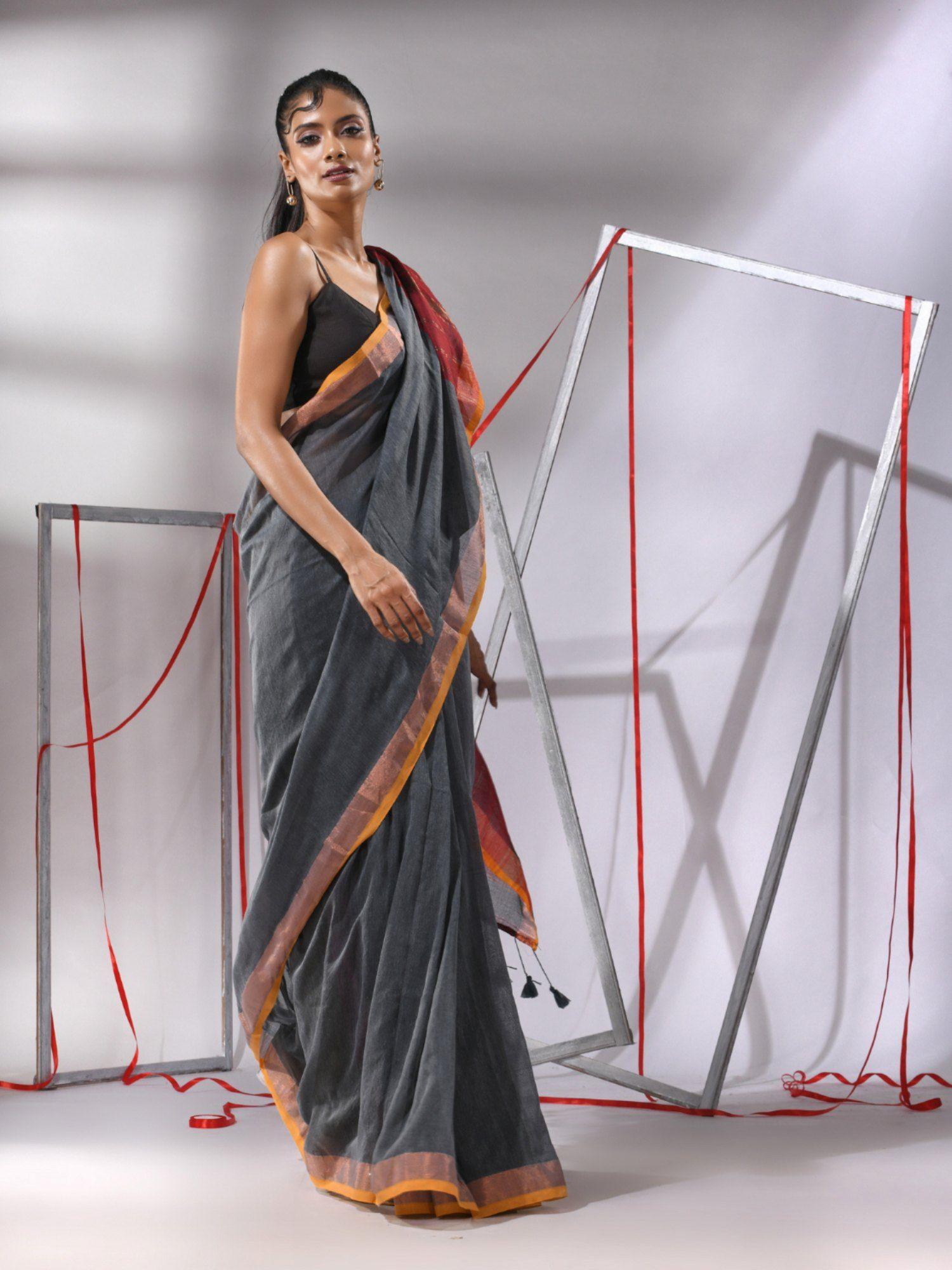 grey cotton stripes zari pallu saree with unstitched blouse