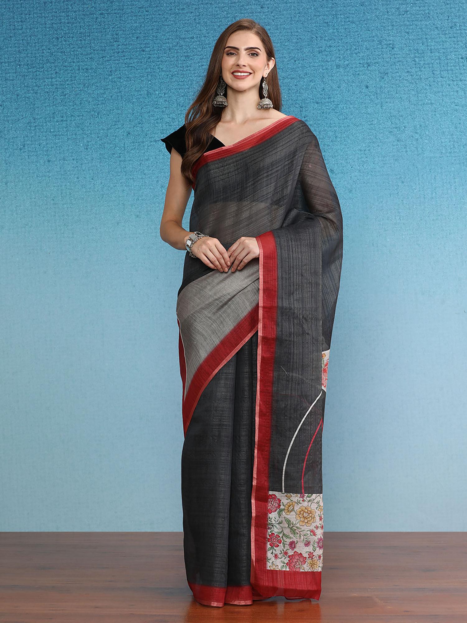 grey cotton zari tissue printed saree with unstitched blouse