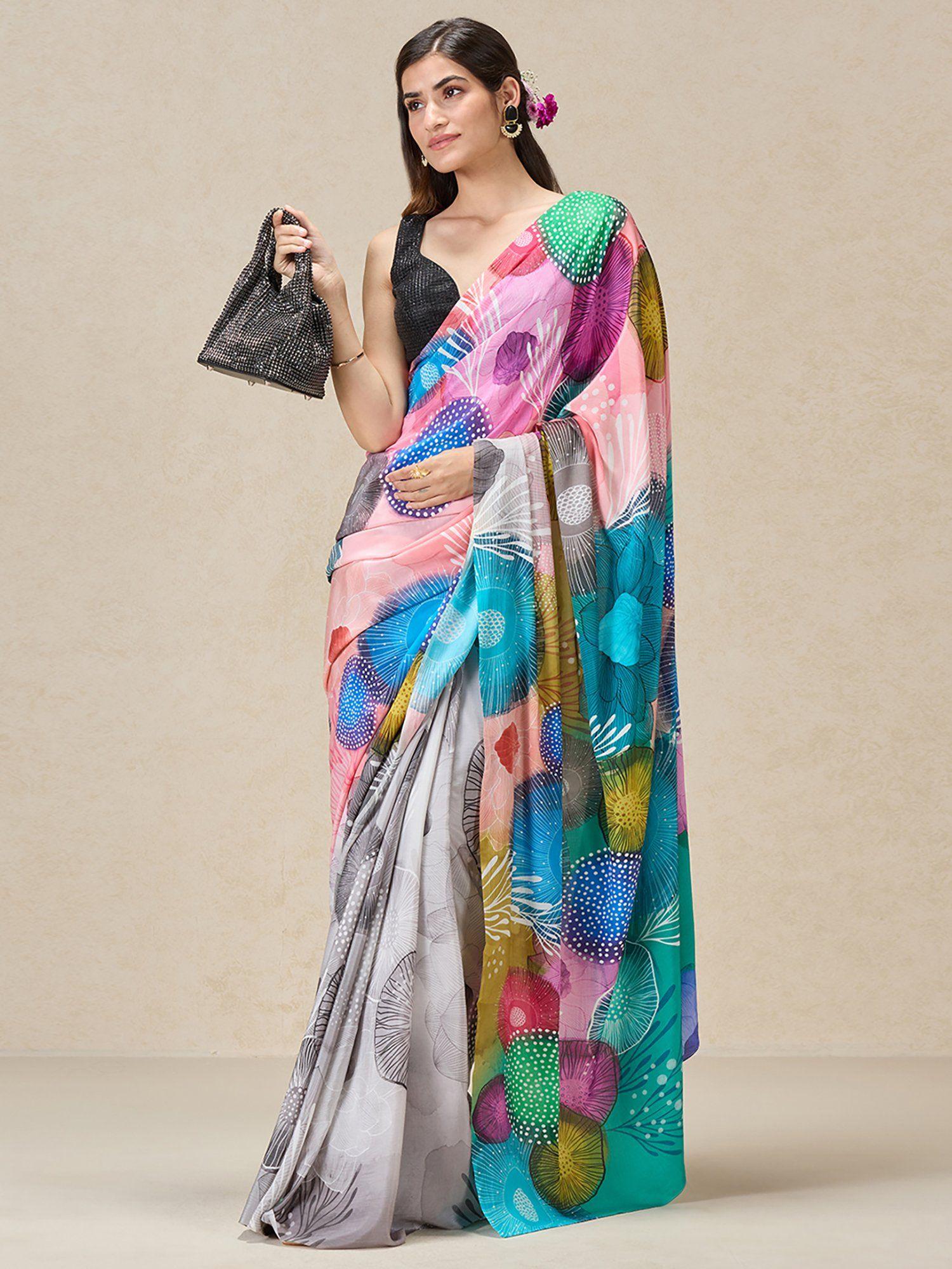 grey crepe abstract print saree with unstitched blouse