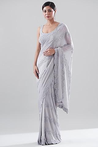 grey crepe embellished pre-draped saree set
