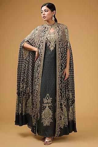 grey crepe printed & embroidered cape set