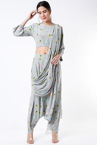 grey crepe printed pant saree set