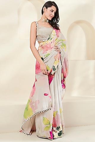 grey crepe printed saree set