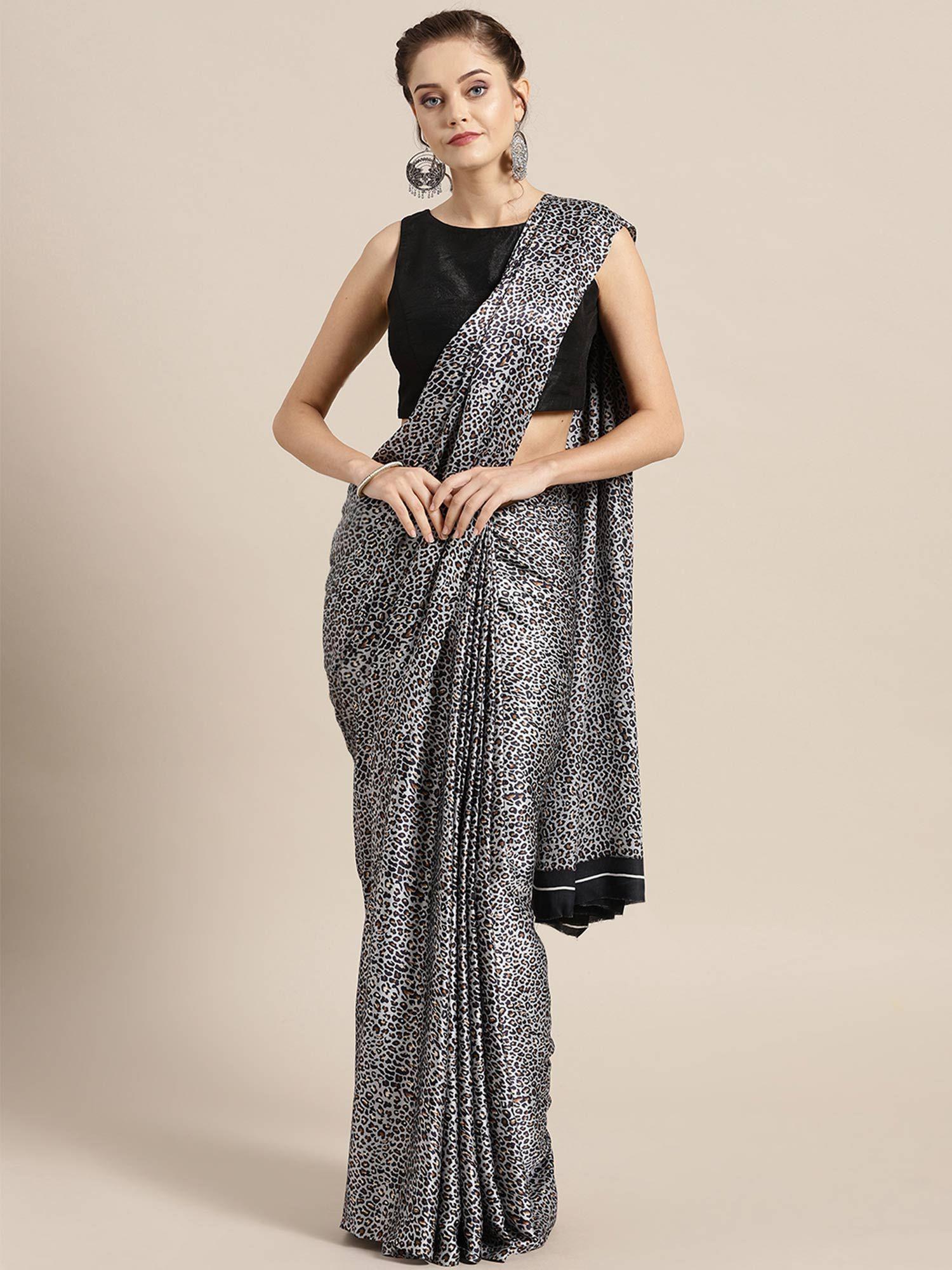 grey crepe saree with unstitched blouse