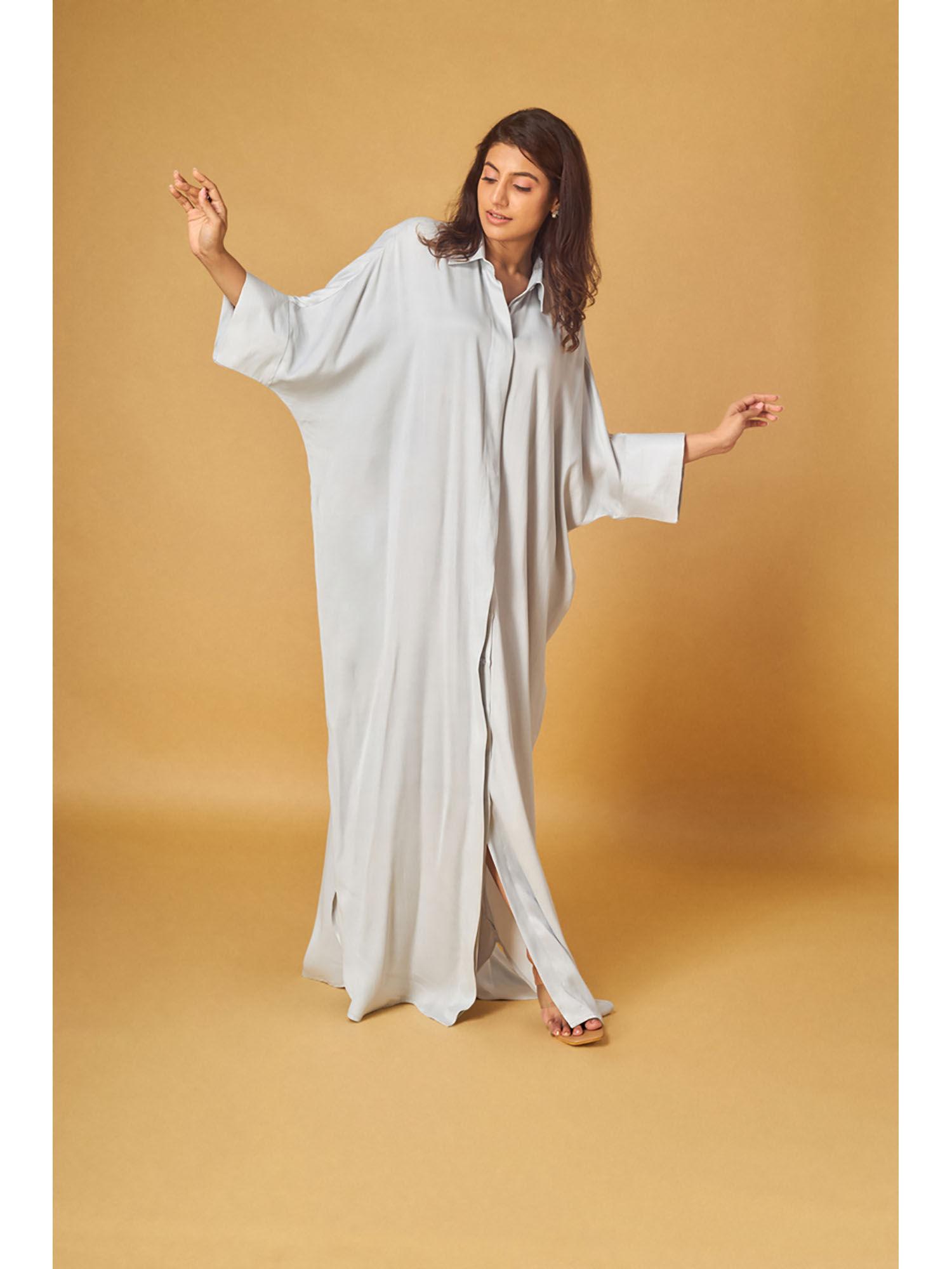 grey crepe satin kaftan shirt maxi dress