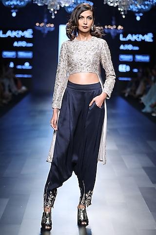 grey cropped embroidered anarkali and navy blue pants set